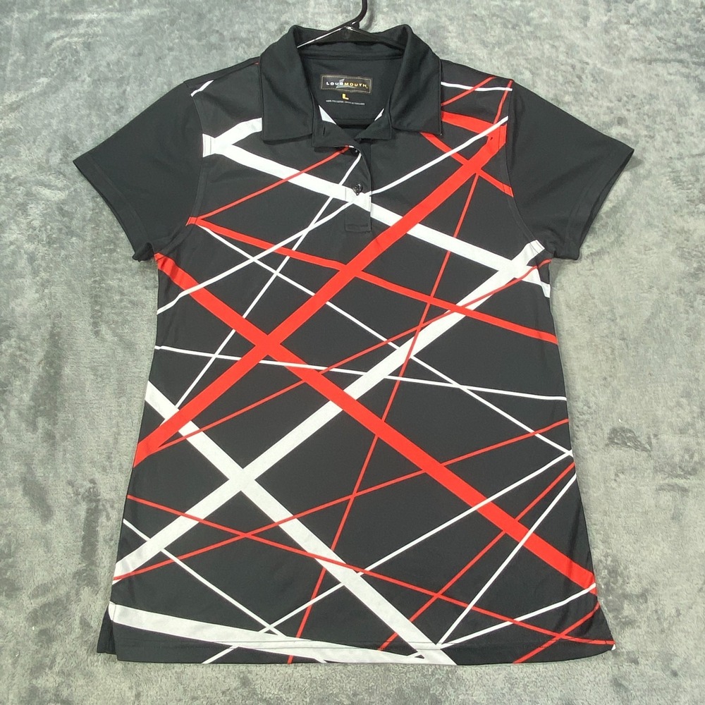 Loudmouth Polo Shirt Womens Large Black Abstract Lines Short Sleeve Golf Outdoor